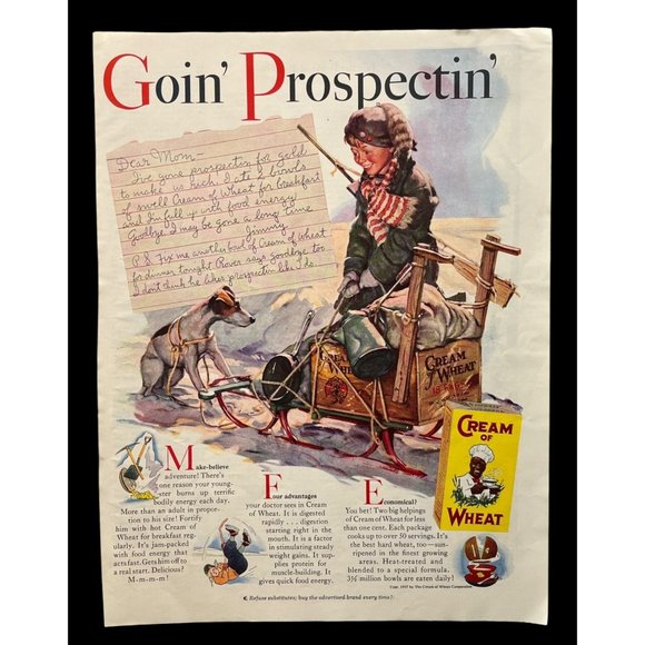 Cream of Wheat Cereal Vintage Print Ad 1938 Goin' Gold Prospectin' Gold Boy Dog - Picture 1 of 5